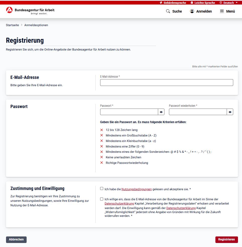 Checkboxen für Nutzungsbedingungen und E-Mail-Einwilligung.